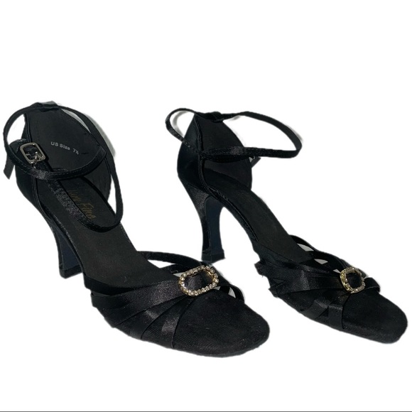 Very Fine Ballroom Salsa Dance Heels - Black Satin with Gold Embellish- Size 7.5 - Picture 1 of 5